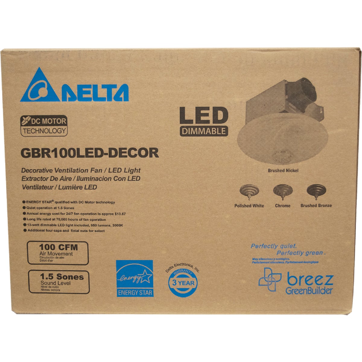 Delta BreezGreenBuilder 100 CFM 1.5 Sones 120V Bath Exhaust Fan with LED Light