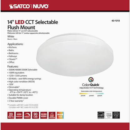 Satco Nuvo ColorQuick 14 In. White 1300-Lumen Color Temperature Selectable LED Flush Mount Light Fixture