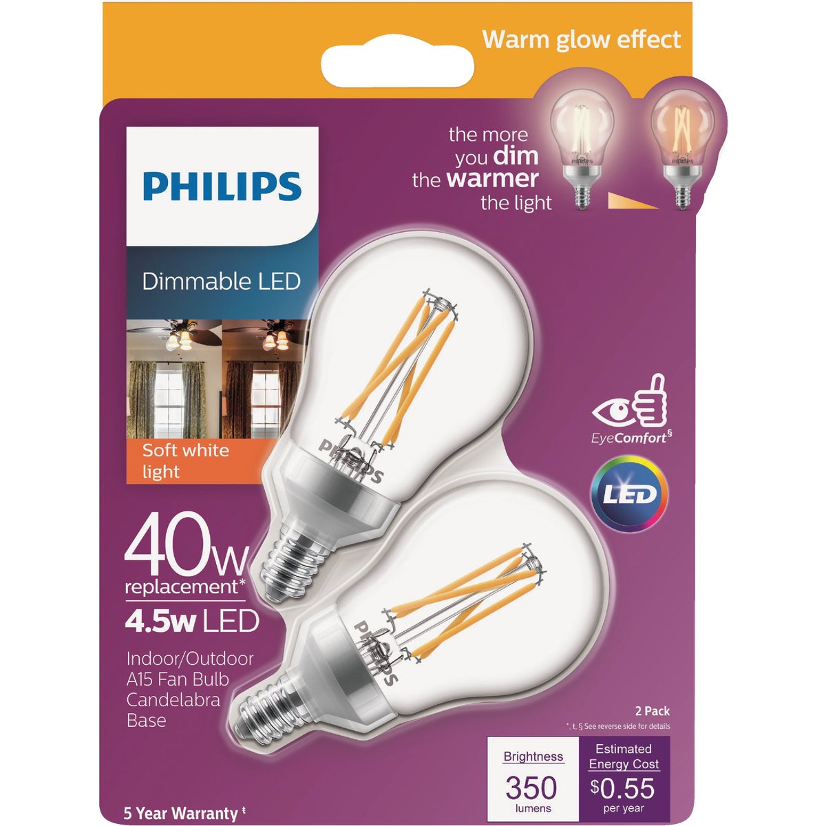 Philips Warm Glow 40W Equivalent Soft White A15 Candelabra Dimmable LED Light Bulb (2-Pack)