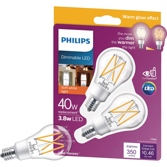 Philips Warm Glow 45W Equivalent Soft White A15 E17 Base Dimmable LED Light Bulb (2-Pack)