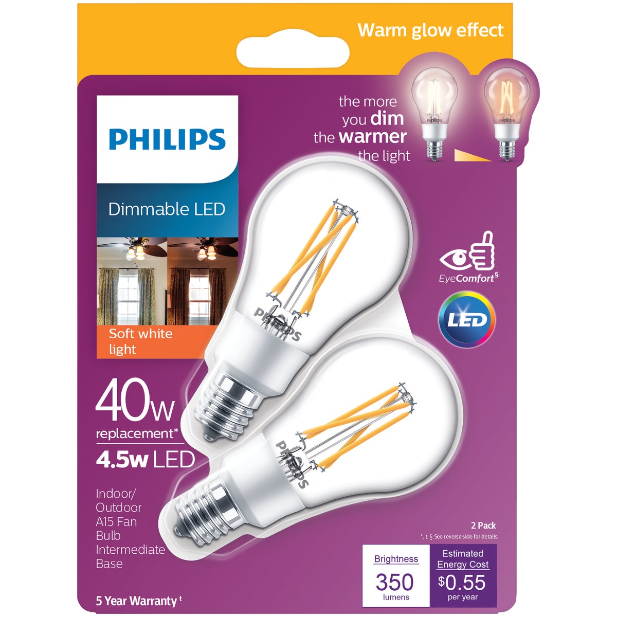 Philips Warm Glow 45W Equivalent Soft White A15 E17 Base Dimmable LED Light Bulb (2-Pack)