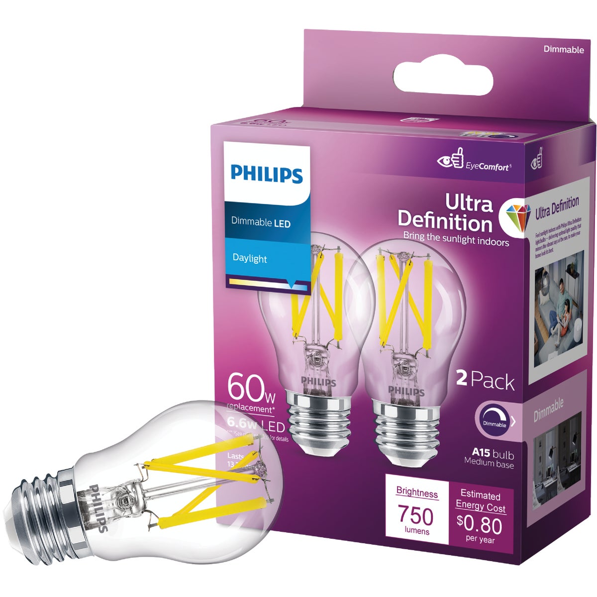 Philips Ultra Definition 60W Equivalent Daylight A15 Medium Dimmable LED Light Bulb (2-Pack)