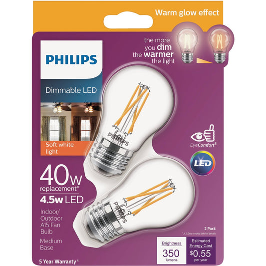 Philips Warm Glow 40W Equivalent A15 Medium Dimmable LED Light Bulb (2-Pack)