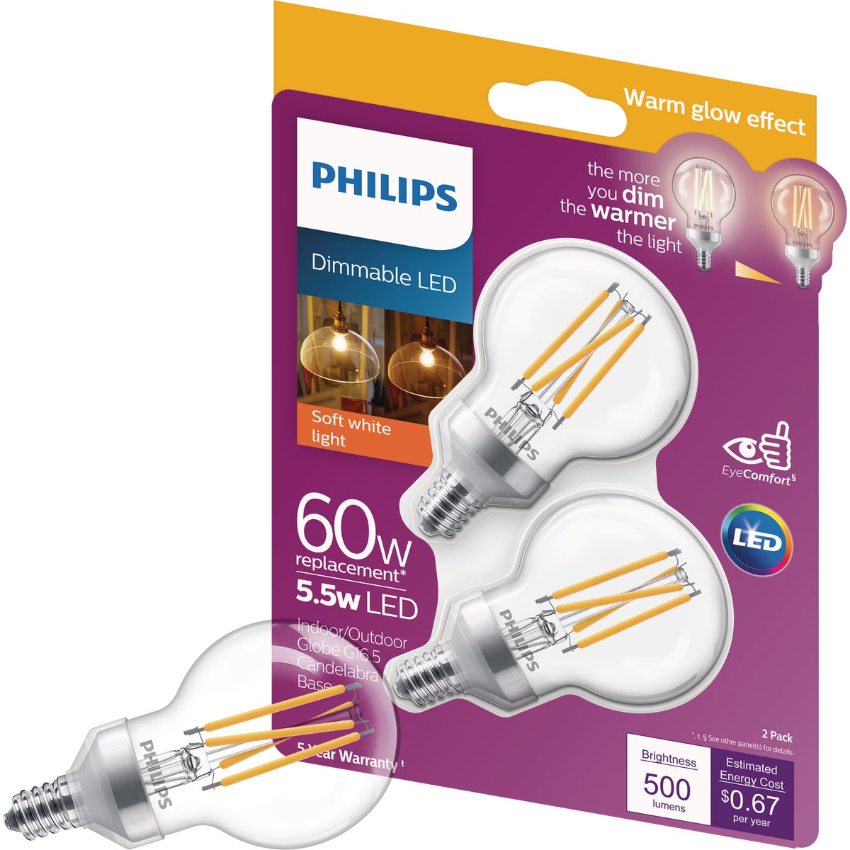 Philips Warm Glow 60W Equivalent Soft White G16.5 Candelabra Clear Dimmable LED Decorative Light Bulb (2-Pack)