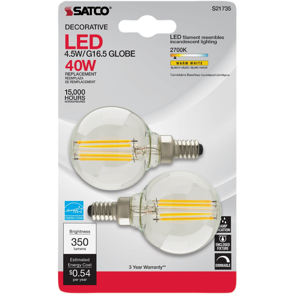 Satco Nuvo 40W Equivalent Warm White G16.5 Candelabra LED Decorative Light Bulb (2-Pack)