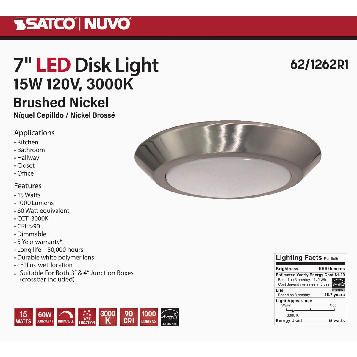 Satco Nuvo 7 In. 60W-Equivalent High-Lumen LED Disk Flush Mount Light Fixture Brushed Nickel