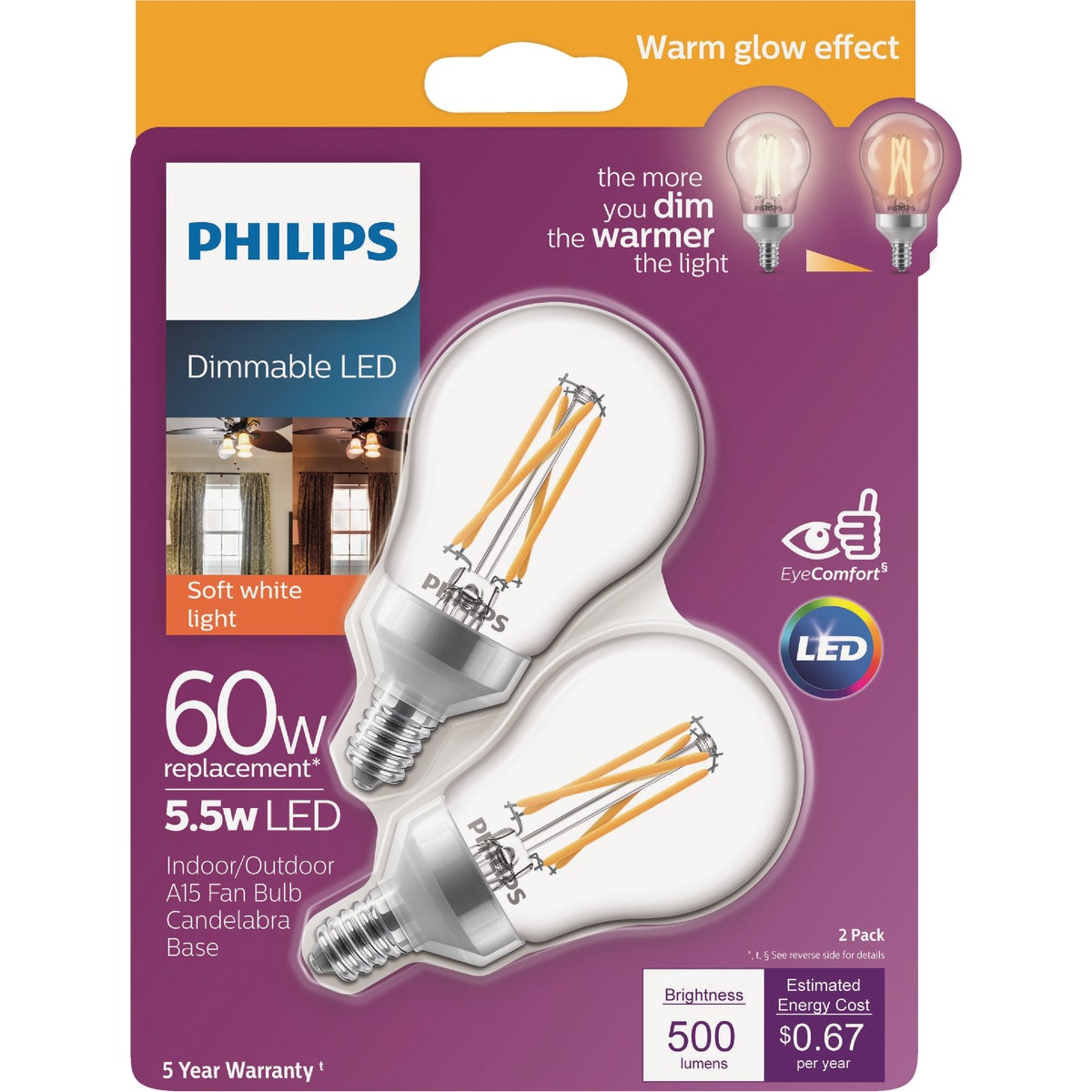 Philips Warm Glow 60W Equivalent Soft White A15 Candelabra Dimmable LED Light Bulb (2-Pack)