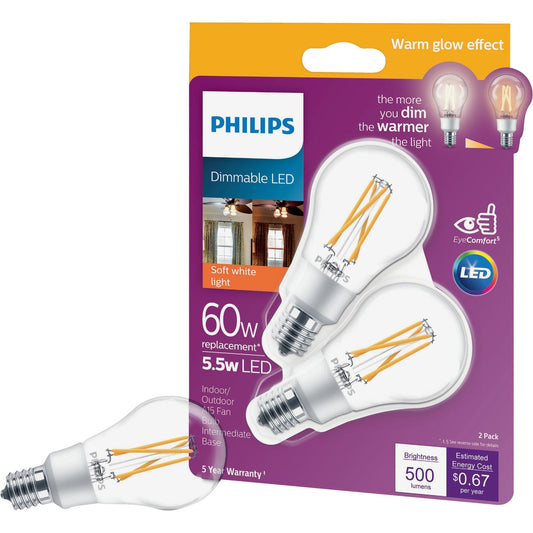 Philips Warm Glow 60W Equivalent Soft White A15 E17 Base Dimmable LED Light Bulb (2-Pack)