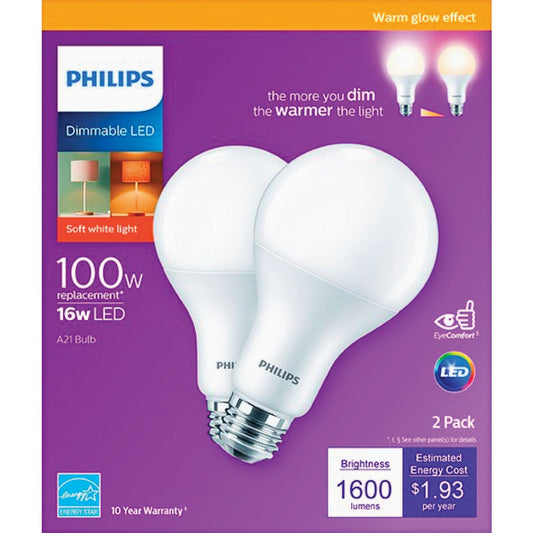 Philips Warm Glow 100W Equivalent Soft White A21 Medium Dimmable LED Light Bulb (2-Pack)