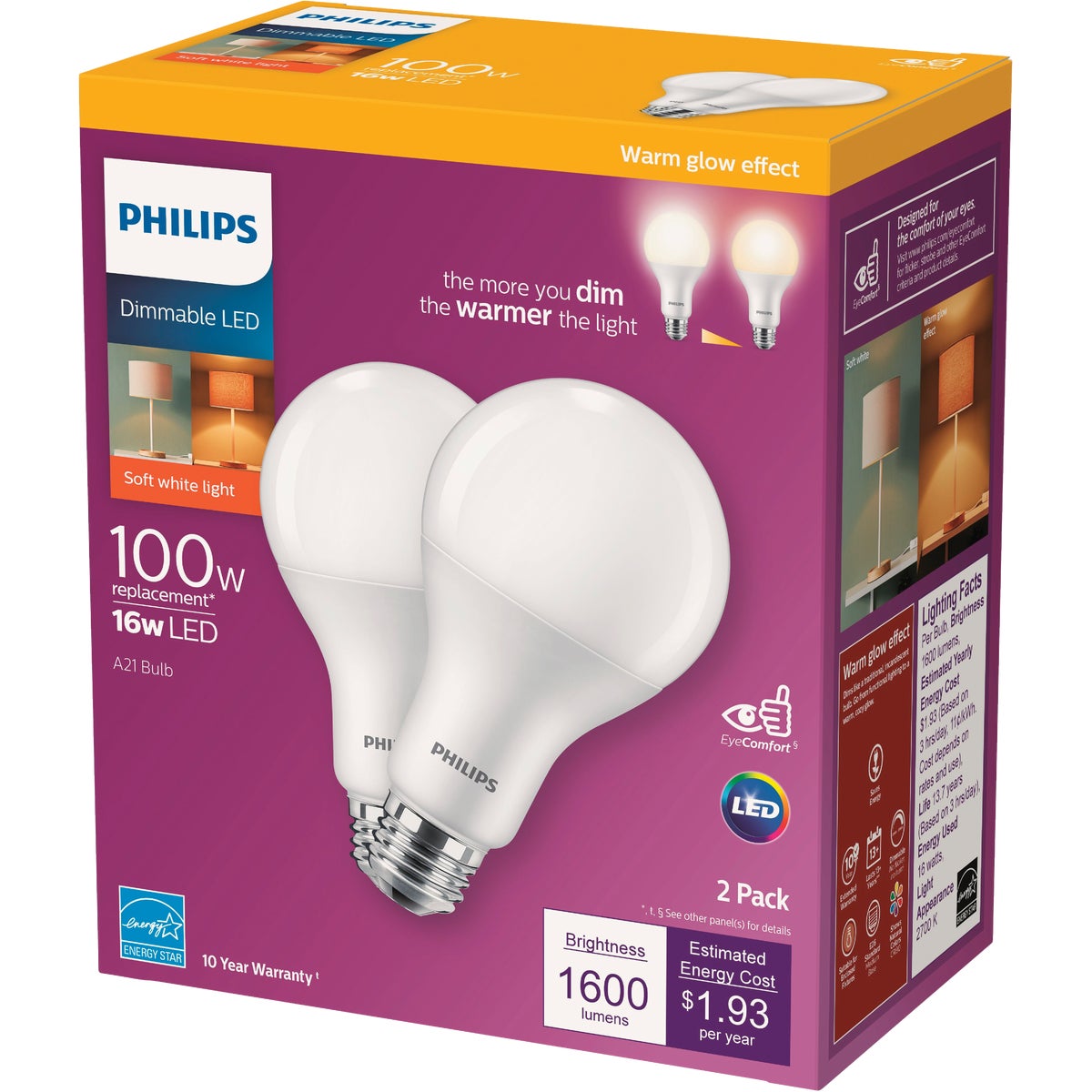 Philips Warm Glow 100W Equivalent Soft White A21 Medium Dimmable LED Light Bulb (2-Pack)