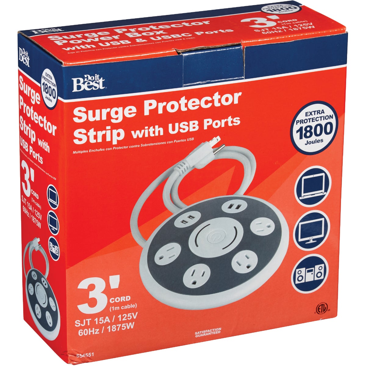 Do it Best 4-Outlet/4-USB 1800J White & Gray Surge Protector with 3 Ft. Cord