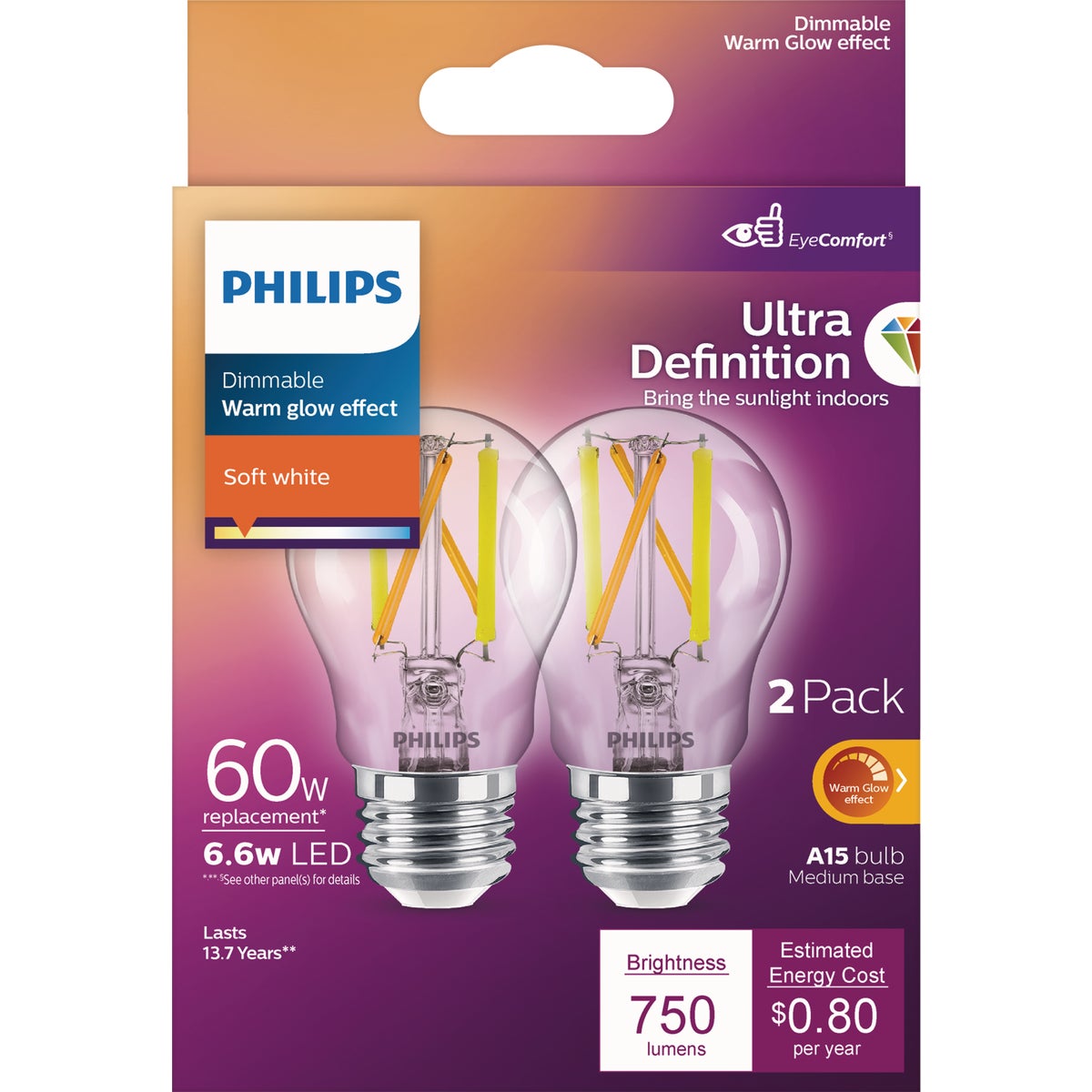 Philips Ultra Definition Warm Glow 60W Equivalent Soft White A15 Medium LED Light Bulb (2-Pack)