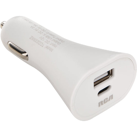 RCA 12V 1 USB-A & 1 USB-C White Car Charger