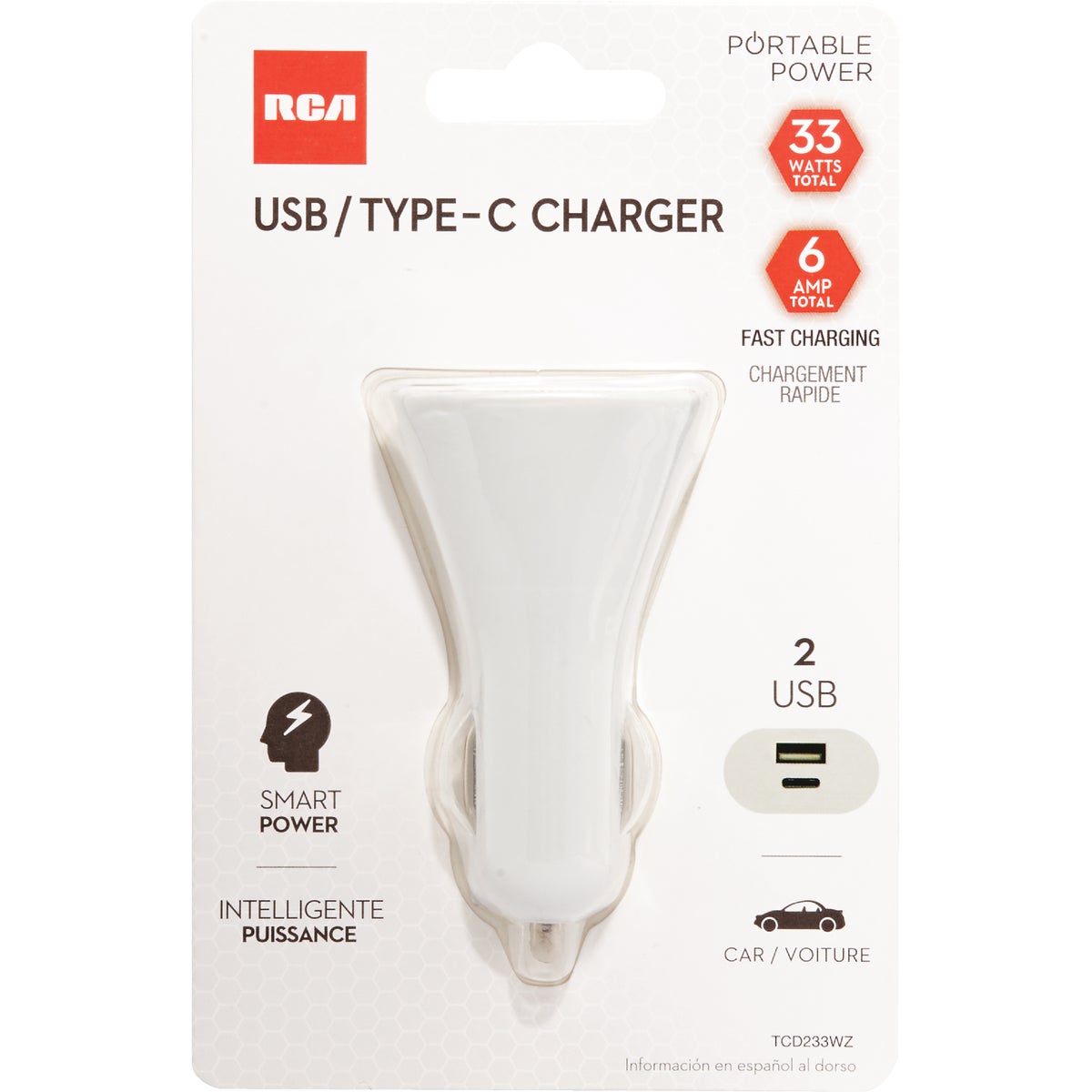 RCA 12V 1 USB-A & 1 USB-C White Car Charger