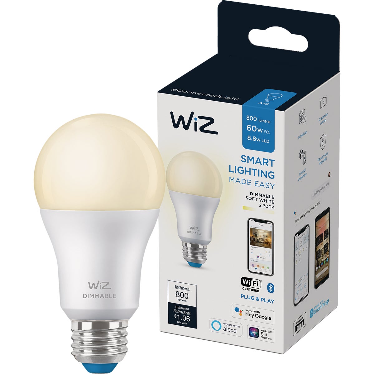 Wiz 60W Equivalent Soft White A19 Medium Dimmable Smart LED Light Bulb