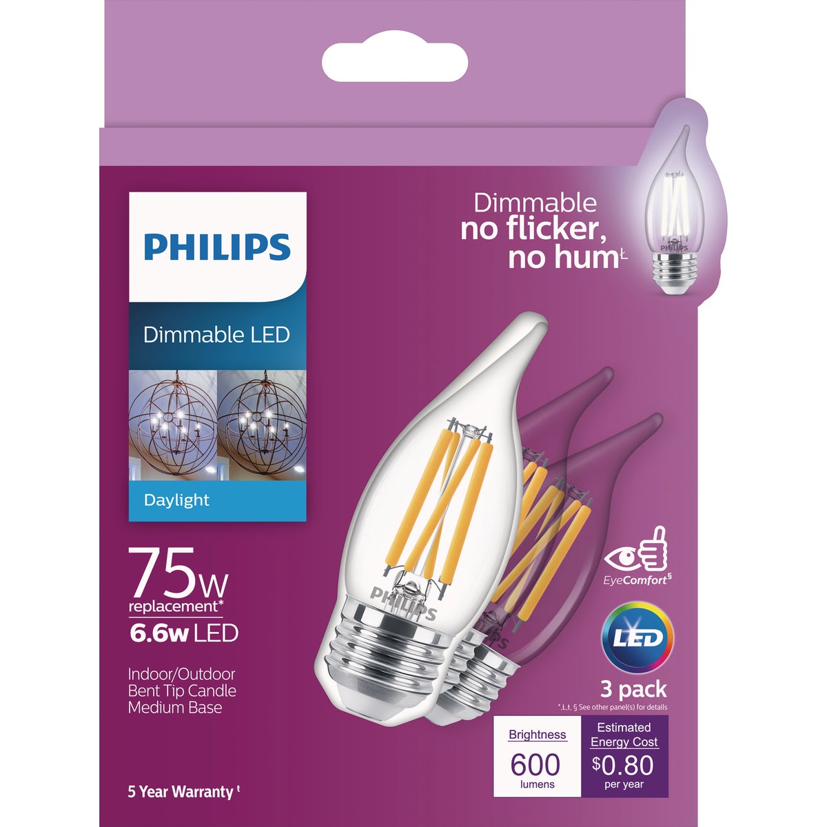 Philips 75W Equivalent Daylight BA11 Medium Dimmable LED Light Bulb (3-Pack)