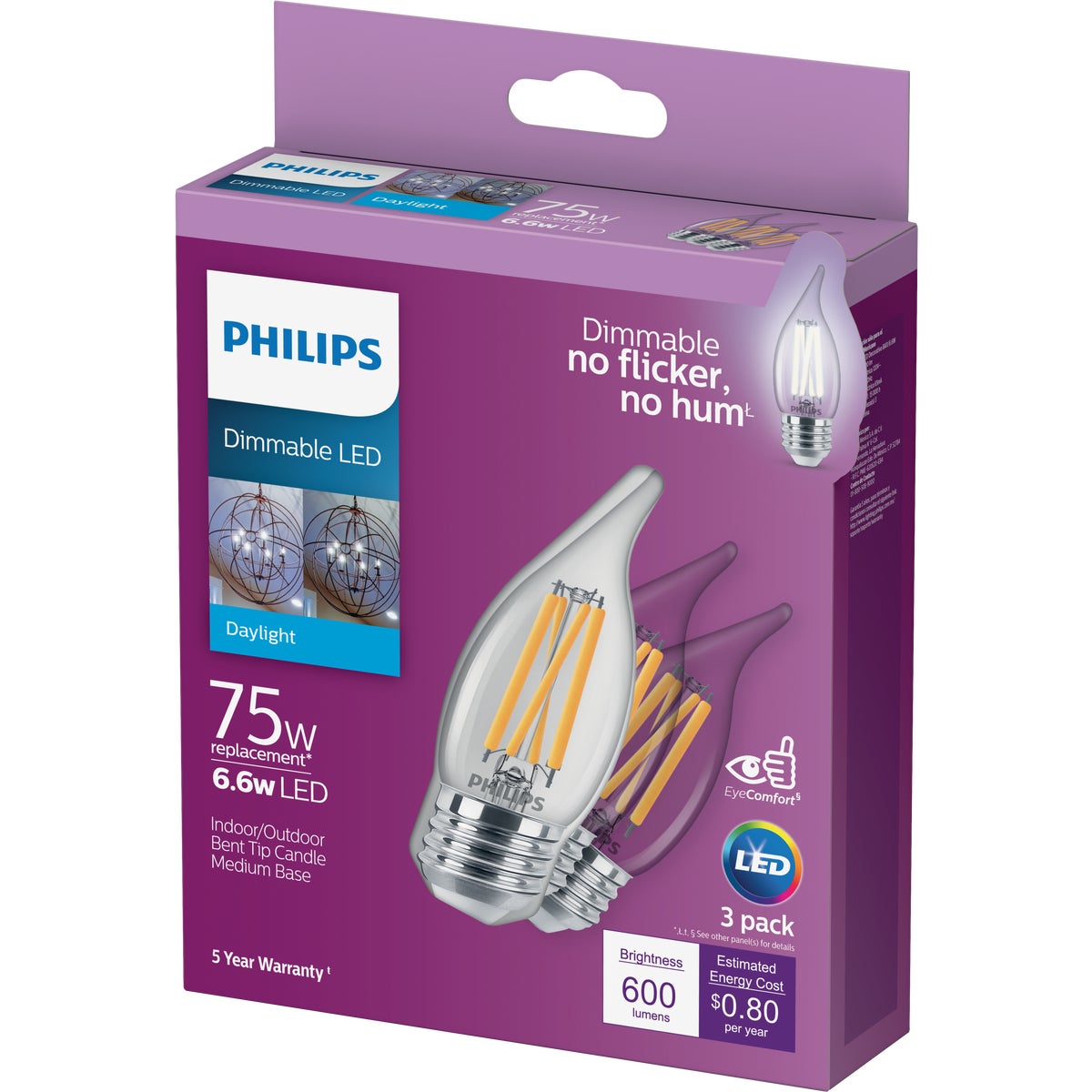 Philips 75W Equivalent Daylight BA11 Medium Dimmable LED Light Bulb (3-Pack)