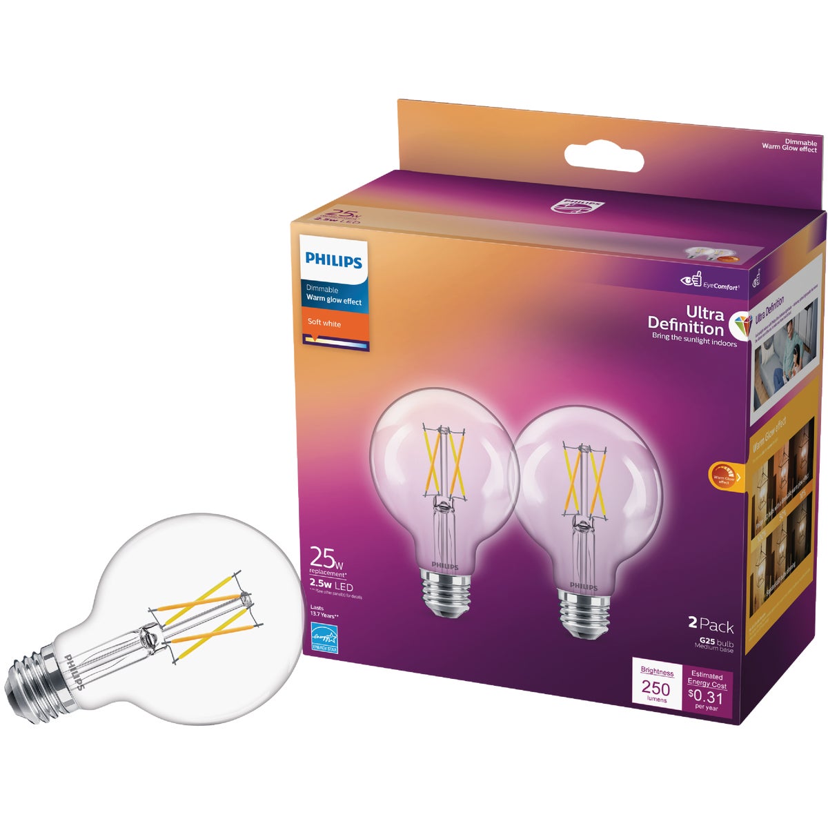 Philips Ultra Definition Warm Glow 25W Equivalent Soft White G25 Medium LED Decorative Light Bulb (2-Pack)