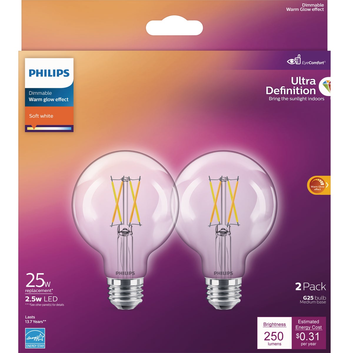 Philips Ultra Definition Warm Glow 25W Equivalent Soft White G25 Medium LED Decorative Light Bulb (2-Pack)