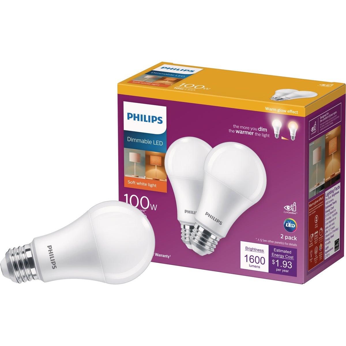 Philips 100W Equivalent Soft White A19 Medium Dimmable LED Light Bulb (2-Pack)