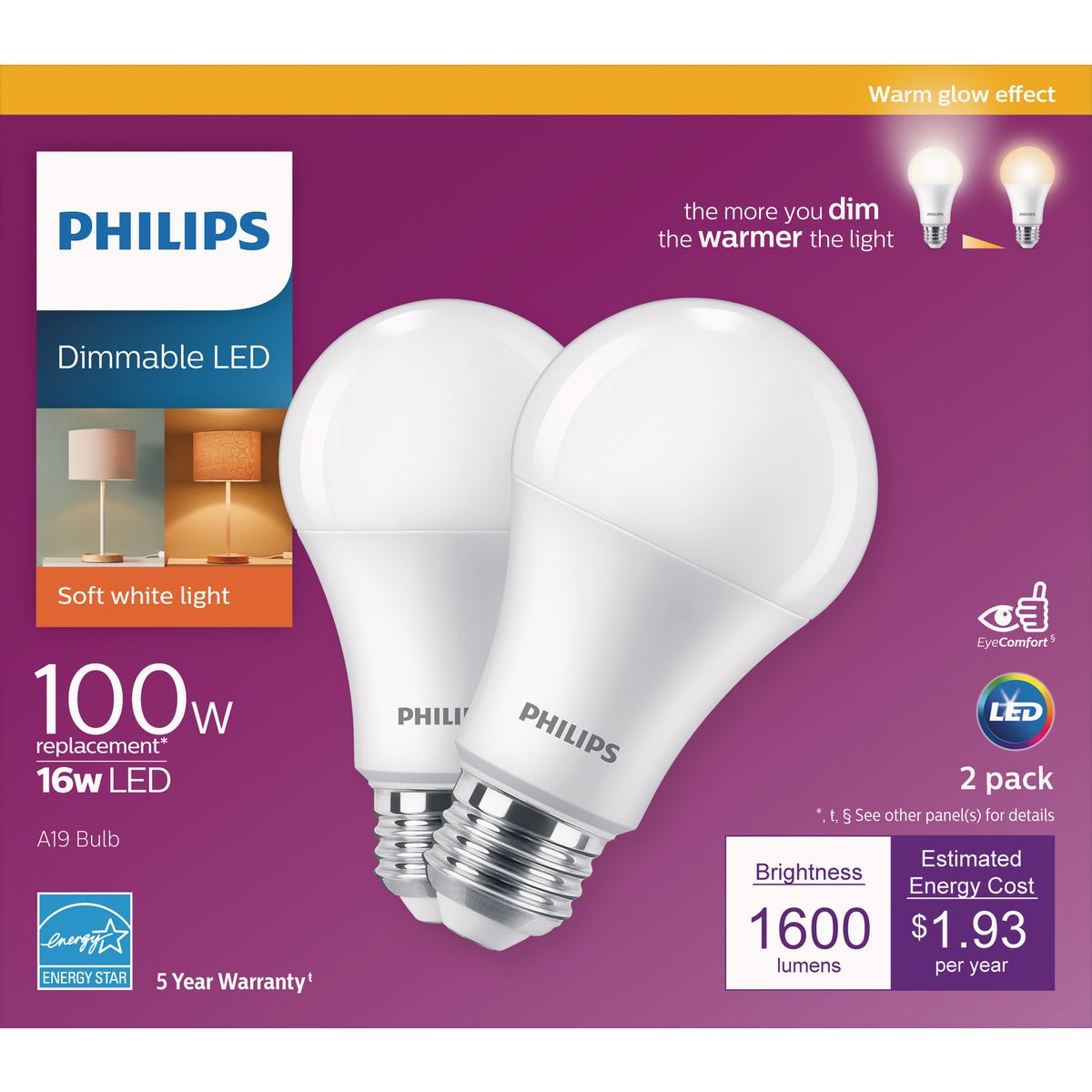 Philips 100W Equivalent Soft White A19 Medium Dimmable LED Light Bulb (2-Pack)