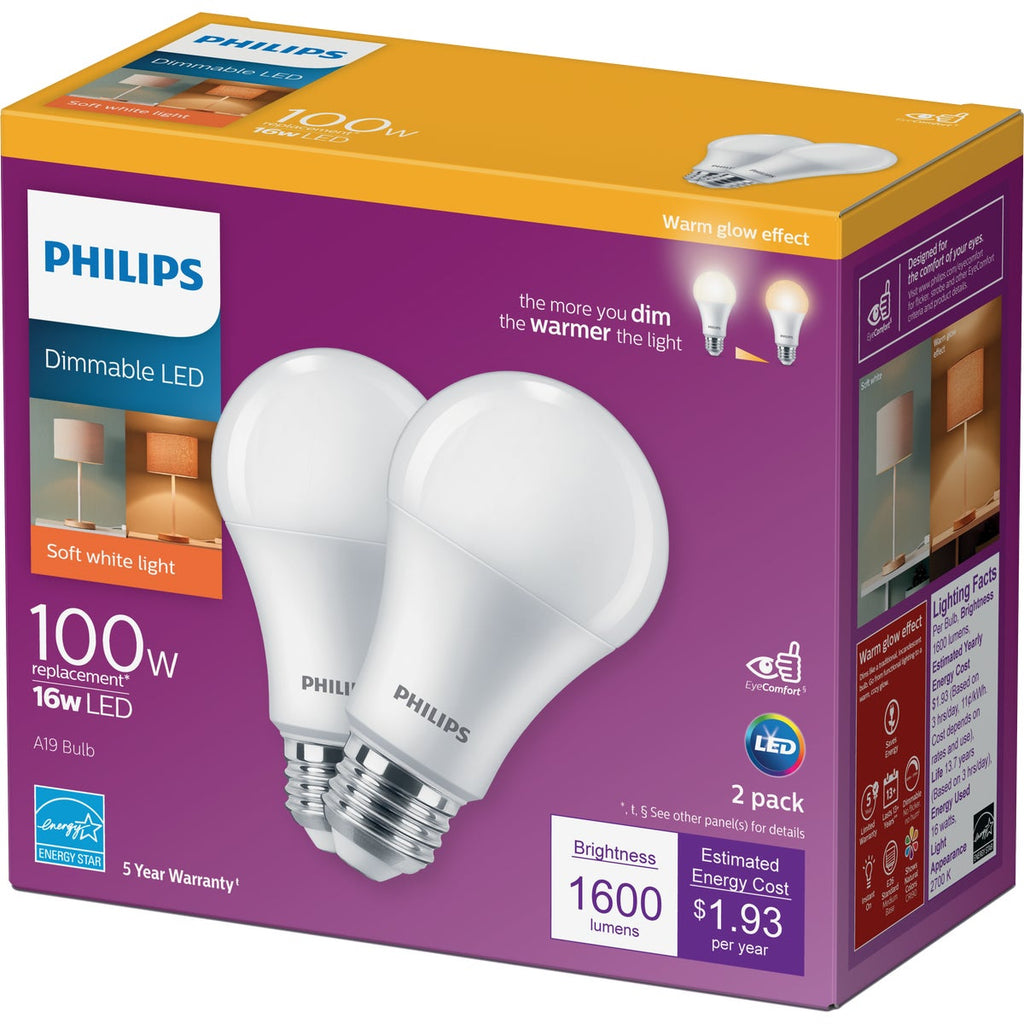 Philips 100W Equivalent Soft White A19 Medium Dimmable LED Light Bulb (2-Pack)