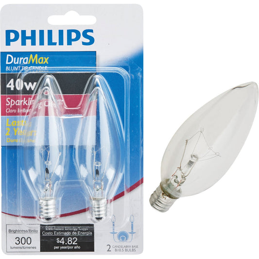 Philips DuraMax 40W Clear Candelabra Base B10.5 Incandescent Blunt Tip Light Bulb (2-Pack)