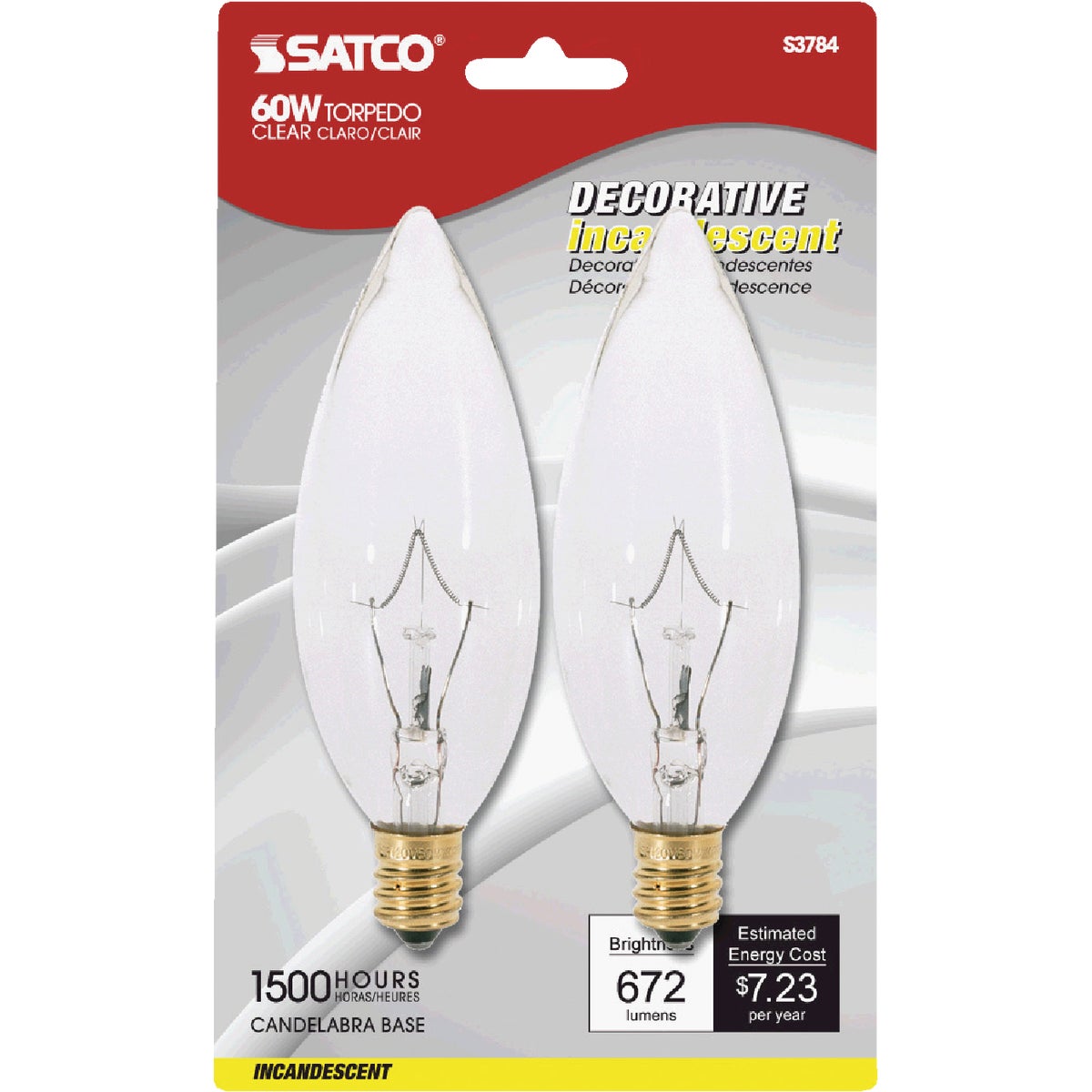 Satco 60W Clear Candelabra B10 Incandescent Blunt Tip Light Bulb (2-Pack)