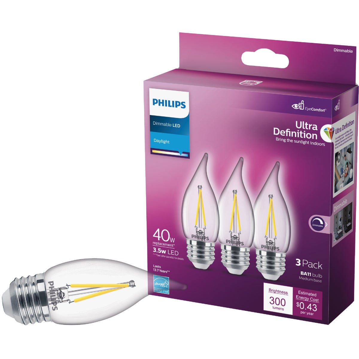 Philips Ultra Definition 40W Equivalent Daylight BA11 Medium LED Decorative Light Bulb (3-Pack)