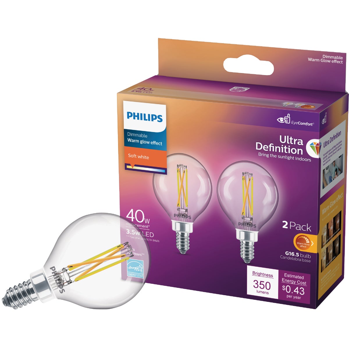 Philips Ultra Definition 40W Equivalent Soft White G16.5 Candelabra LED Decorative Light Bulb (2-Pack)