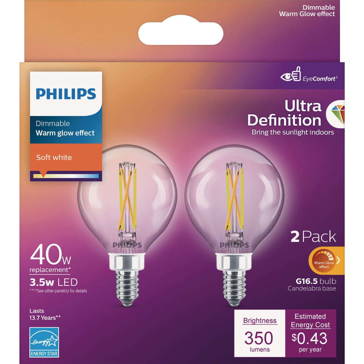 Philips Ultra Definition 40W Equivalent Soft White G16.5 Candelabra LED Decorative Light Bulb (2-Pack)