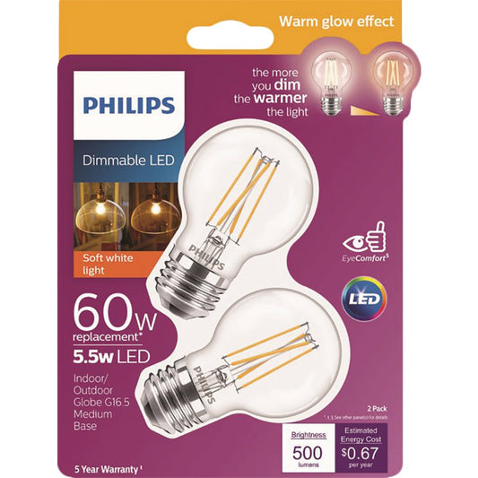 Philips Warm Glow 60W Equivalent Soft White G16.5 Medium Dimmable LED Decorative Light Bulb (2-Pack)