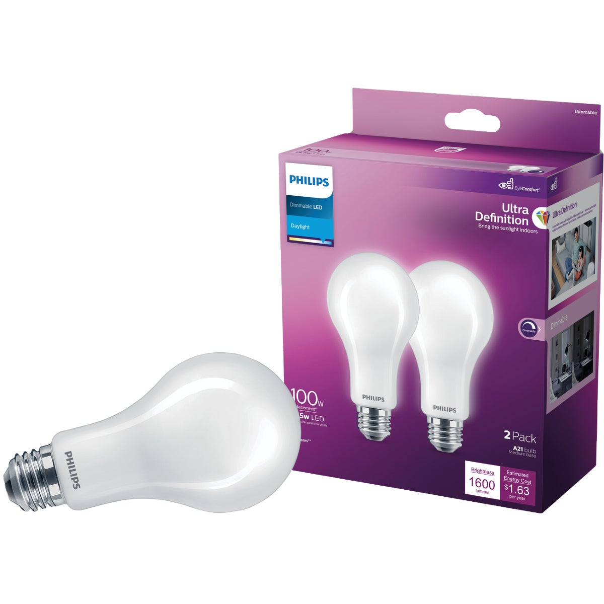 Philips Ultra Definition 100W Equivalent Daylight A21 Medium Dimmable LED Light Bulb, Frosted (2-Pack)