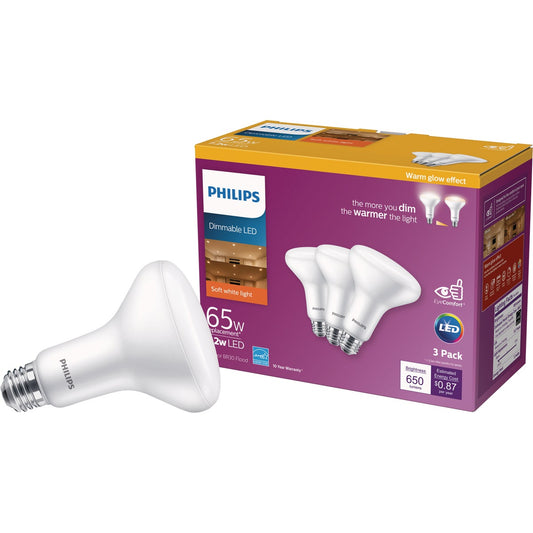 Philips Warm Glow 65W Equivalent Soft White BR30 Medium Dimmable LED Floodlight Light Bulb (3-Pack)