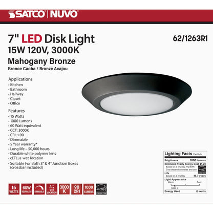 Satco Nuvo 7 In. 60W-Equivalent High-Lumen LED Disk Flush Mount Light Fixture Mahogany Bronze