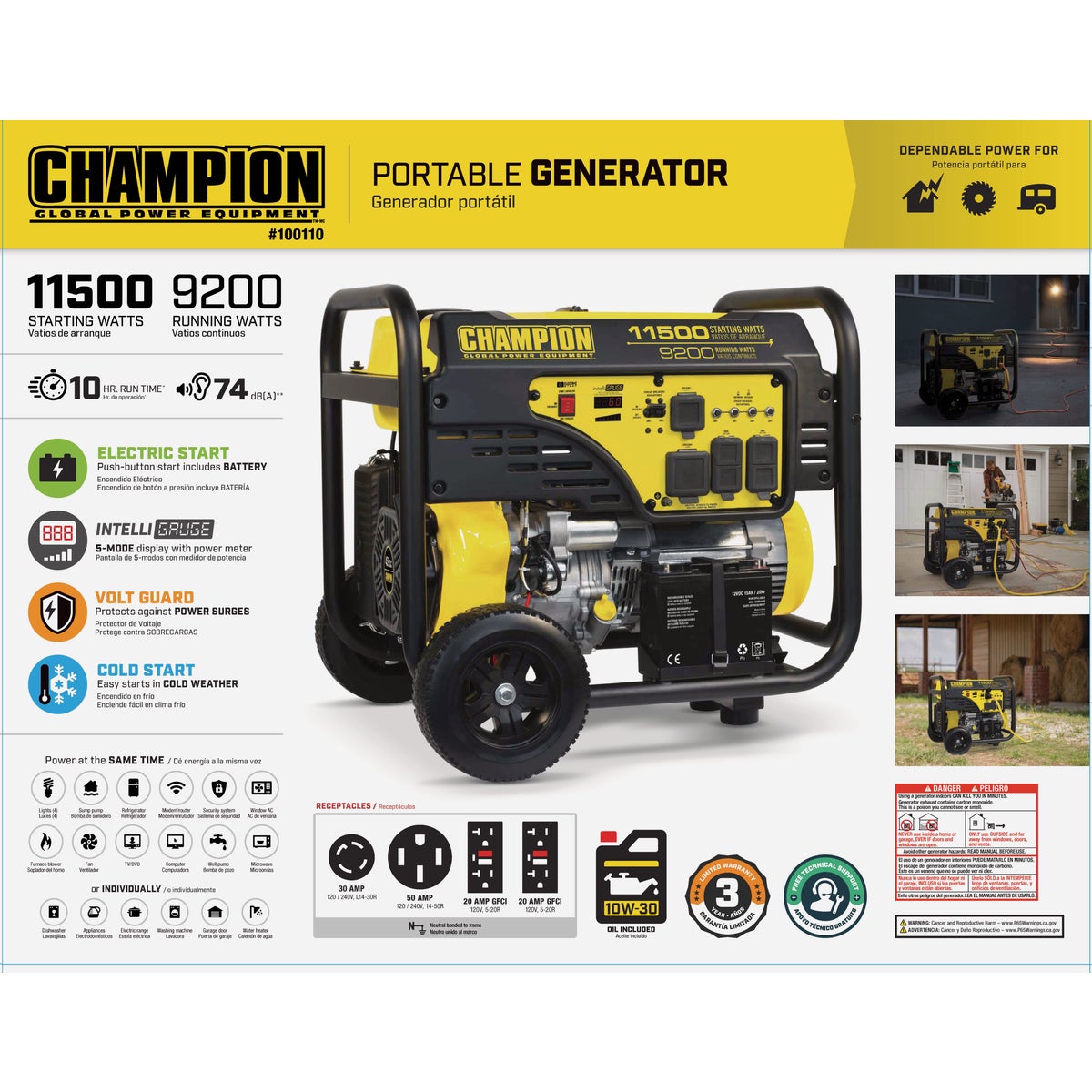 Champion 9200W Gasoline Powered Electric/Recoil Start Portable Generator