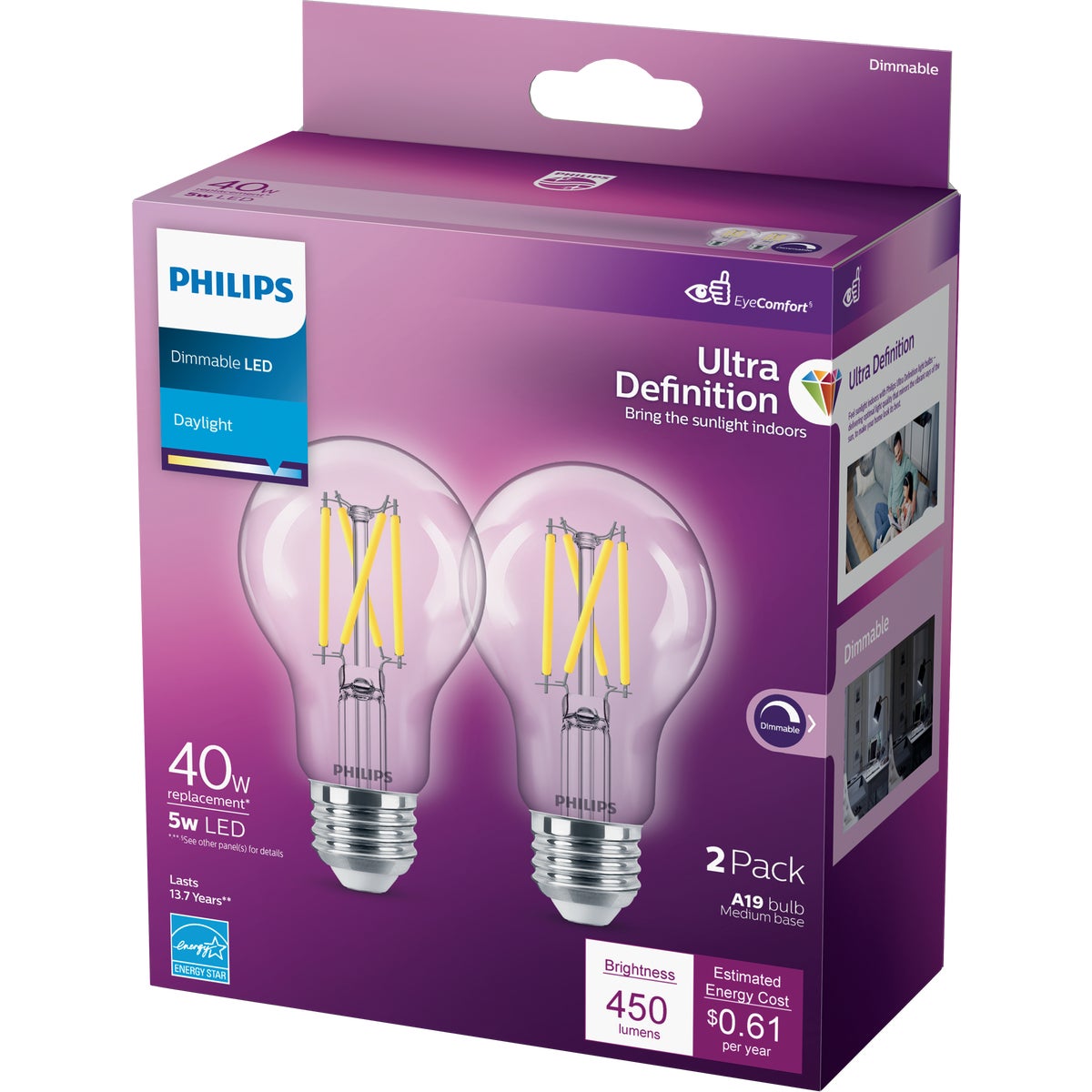 Philips Ultra Definition 40W Equivalent Daylight A19 Medium LED Light Bulb, Clear (2-Pack)