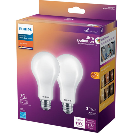 Philips Ultra Definition Warm Glow 75W Equivalent Soft White A21 Medium LED Light Bulb (2-Pack)