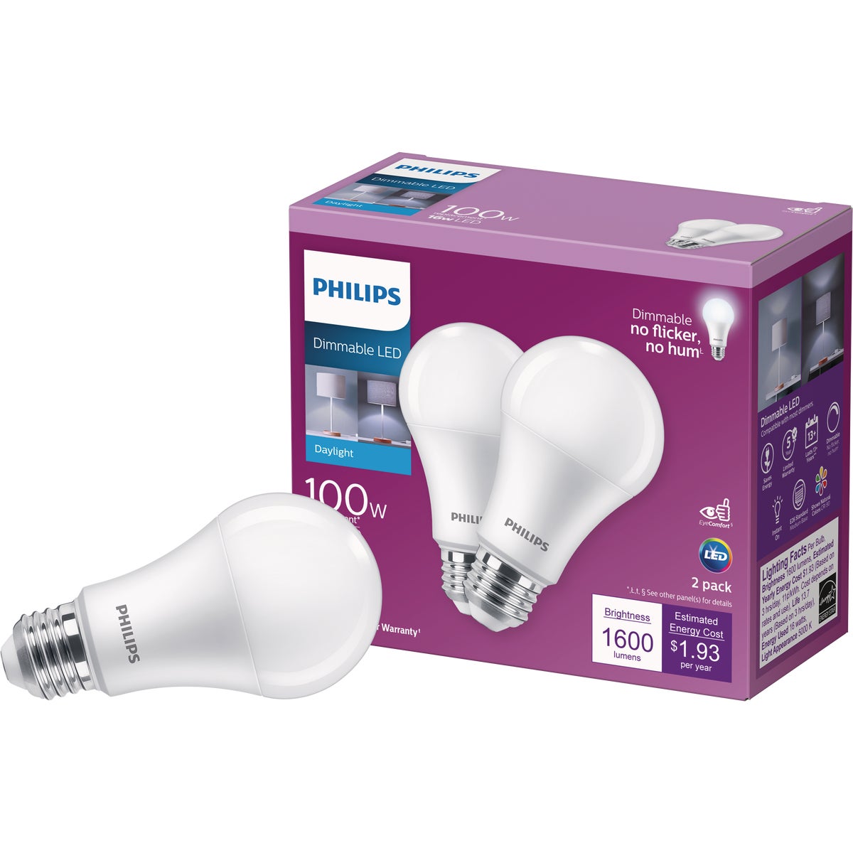 Philips 100W Equivalent Daylight A19 Medium Dimmable LED Light Bulb (2-Pack)