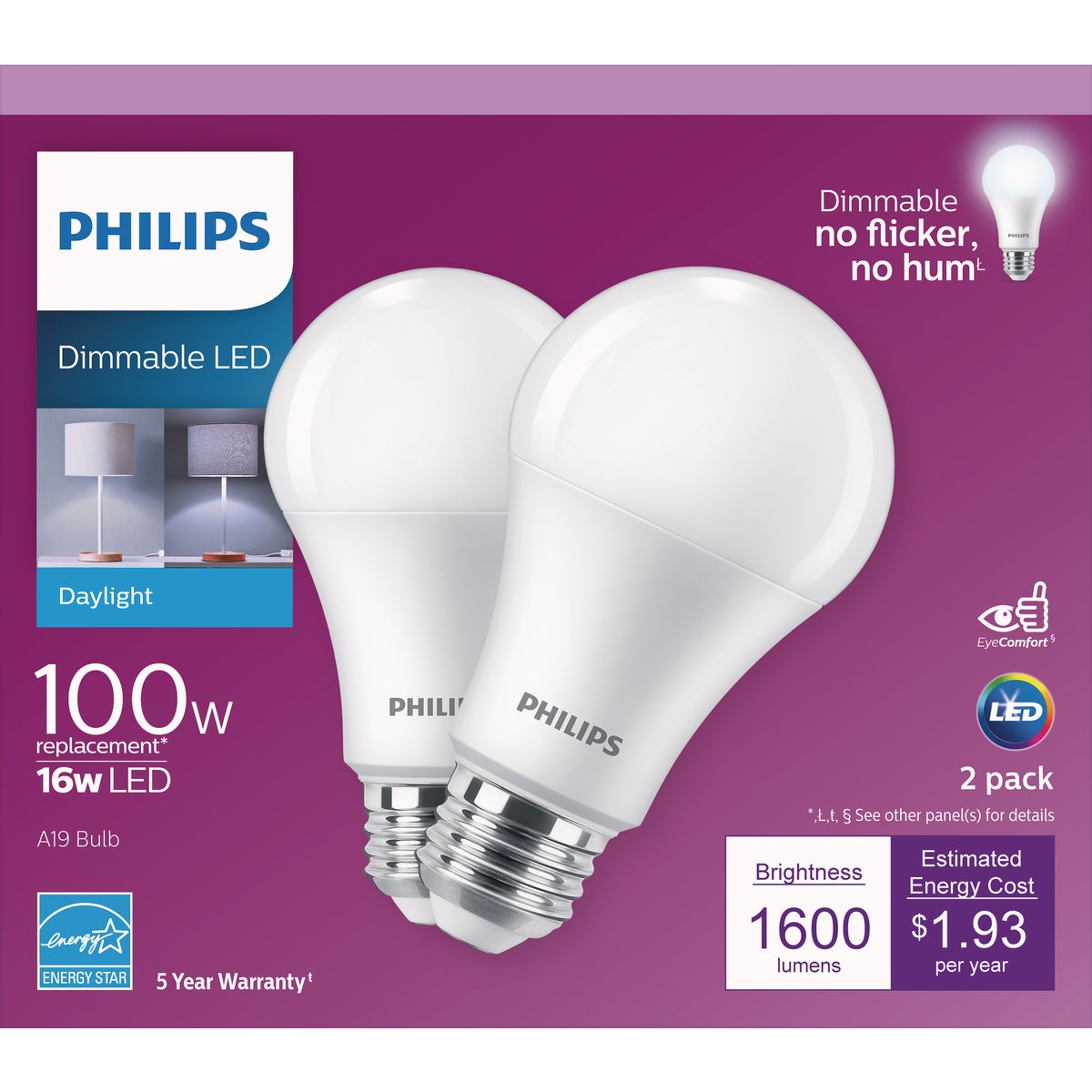 Philips 100W Equivalent Daylight A19 Medium Dimmable LED Light Bulb (2-Pack)
