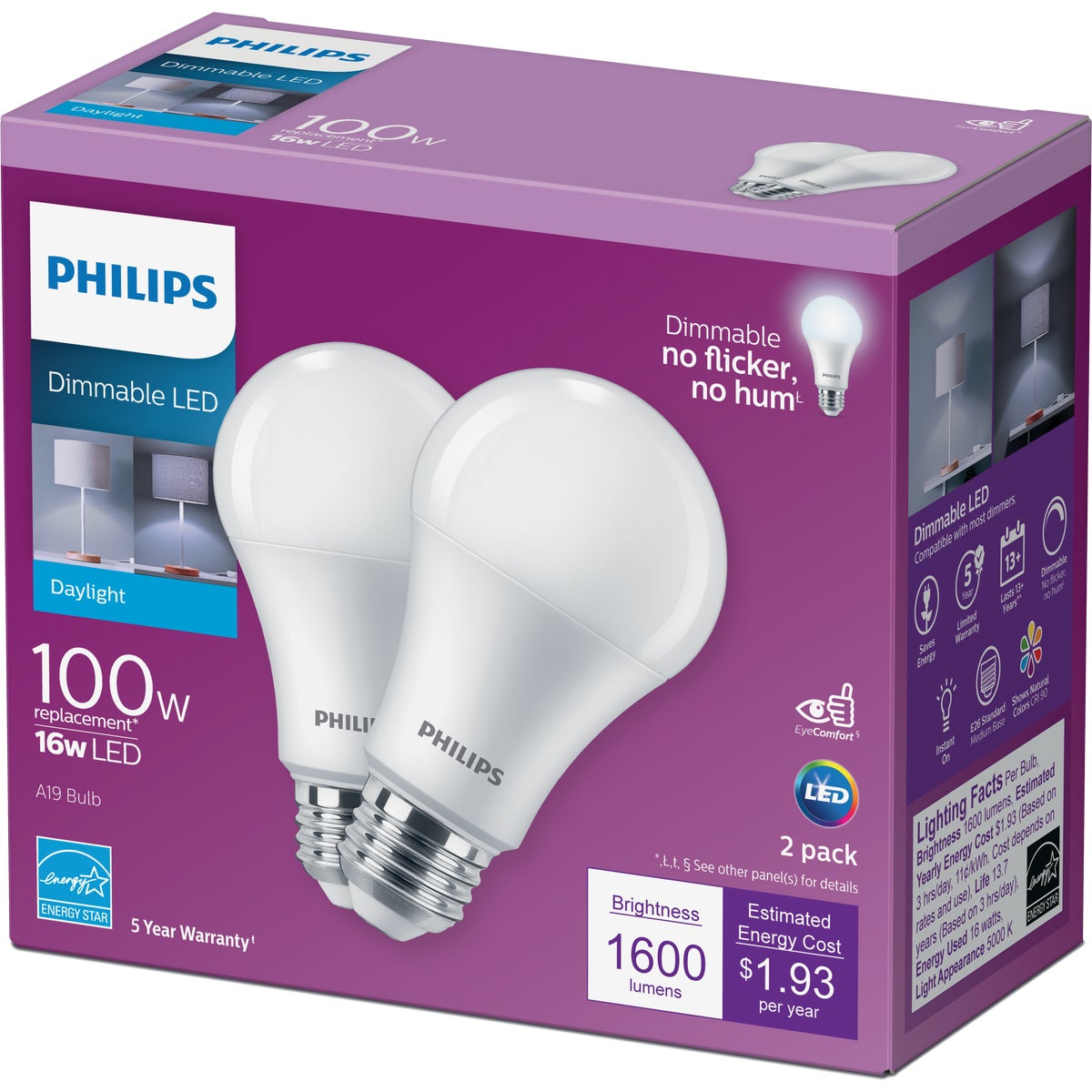 Philips 100W Equivalent Daylight A19 Medium Dimmable LED Light Bulb (2-Pack)
