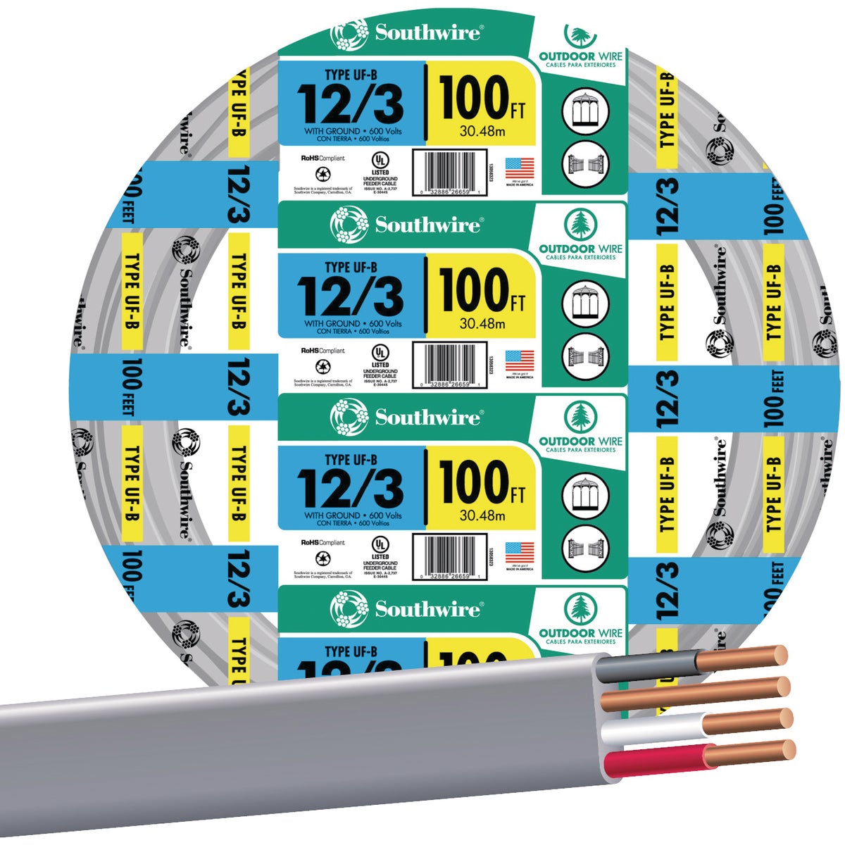 Southwire 100 Ft. 12 AWG 3-Conductor UFW/G Electrical Wire