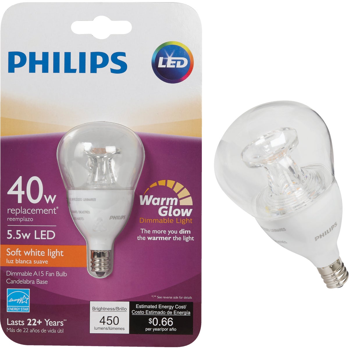 Philips Warm Glow 40W Equivalent Soft White A15 Candelabra Dimmable LED Light Bulb