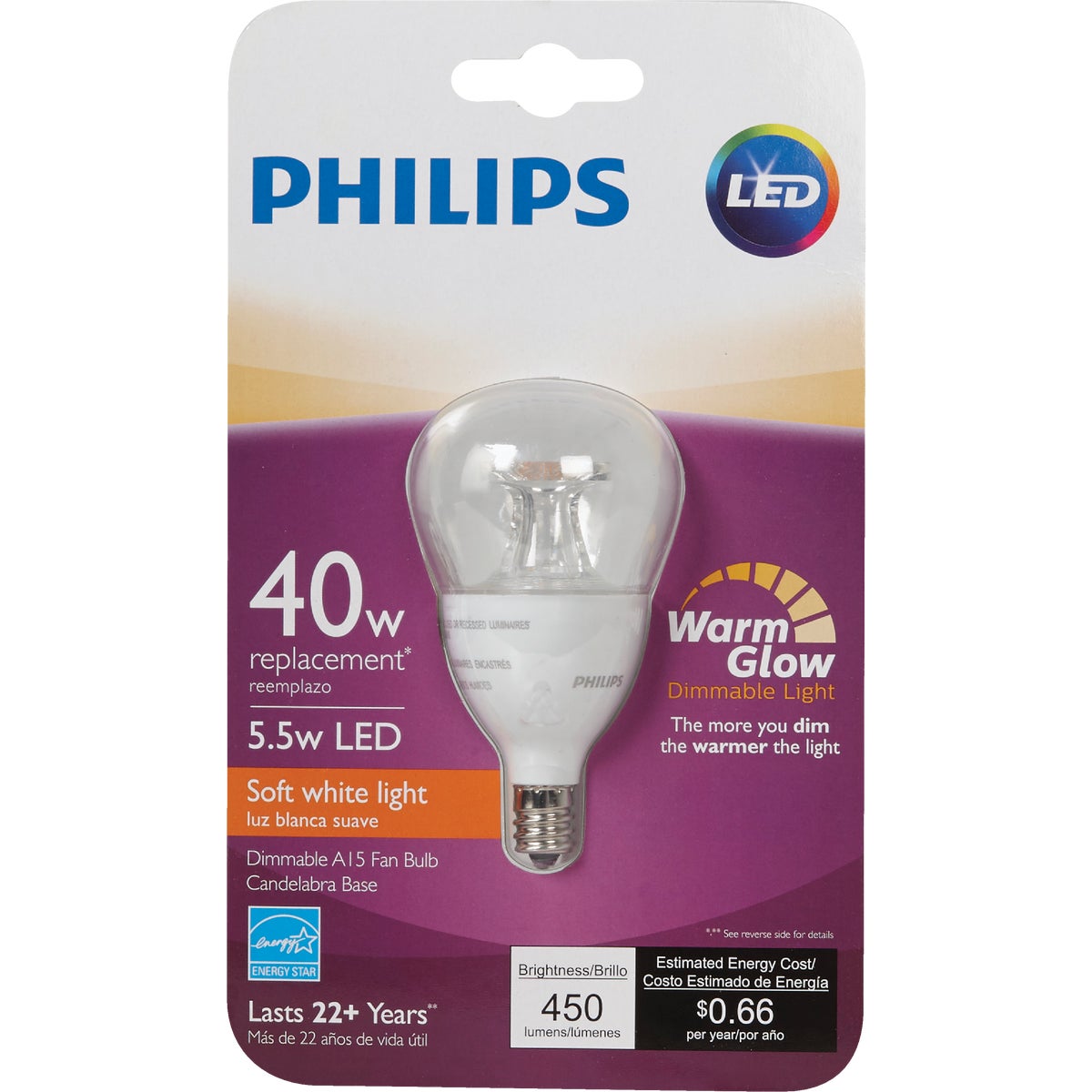 Philips Warm Glow 40W Equivalent Soft White A15 Candelabra Dimmable LED Light Bulb