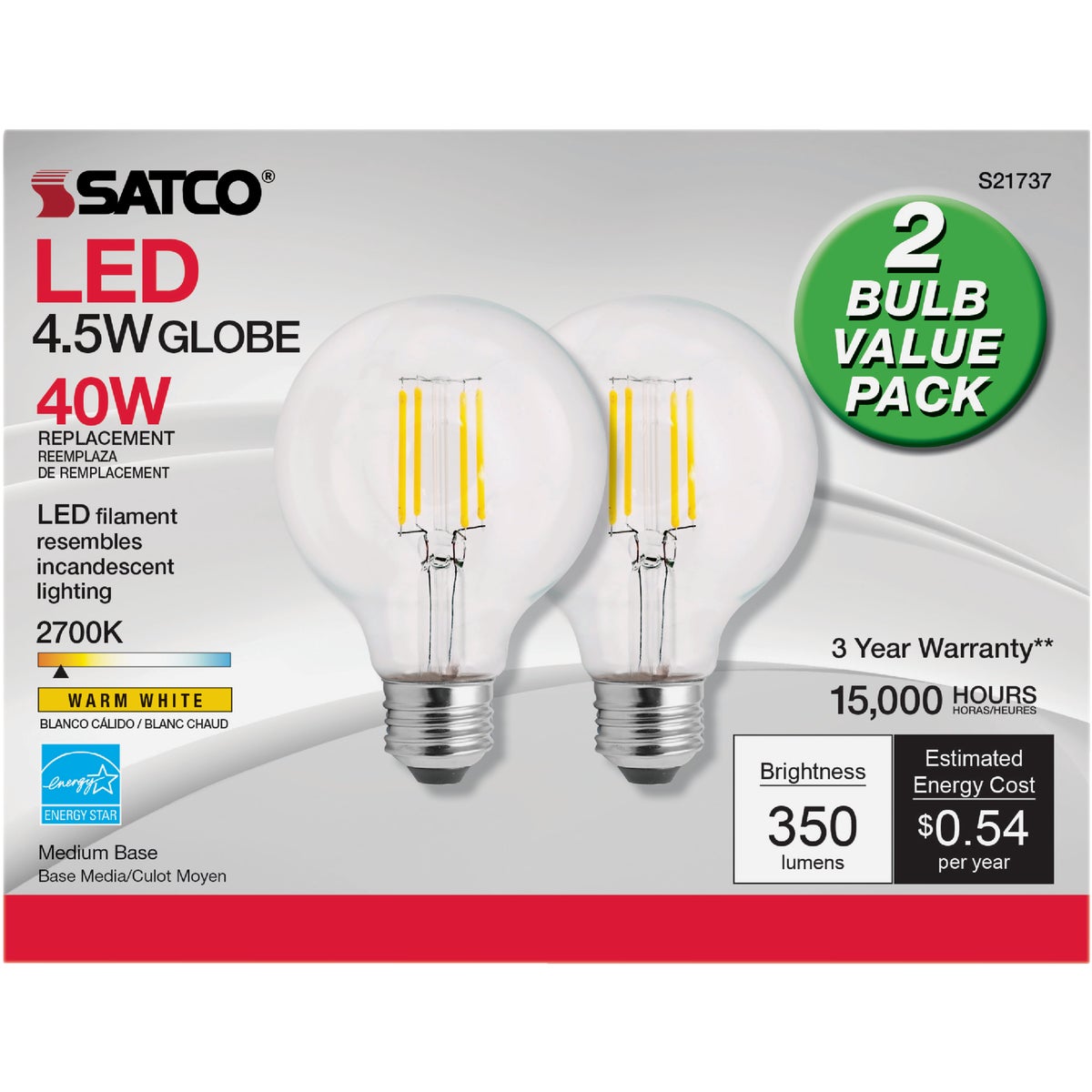 Satco Nuvo 40W Equivalent Warm White G25 Medium Clear LED Decorative Light Bulb (2-Pack)
