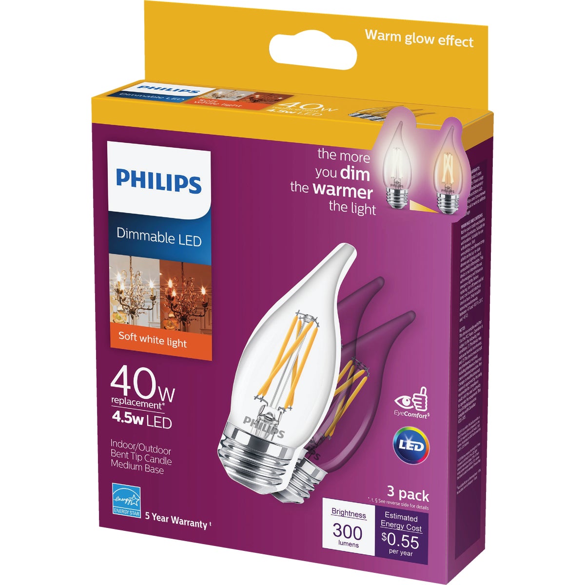 Philips Warm Glow 40W Equivalent Soft White BA11 Medium Dimmable LED Decorative Light Bulb (3-Pack)