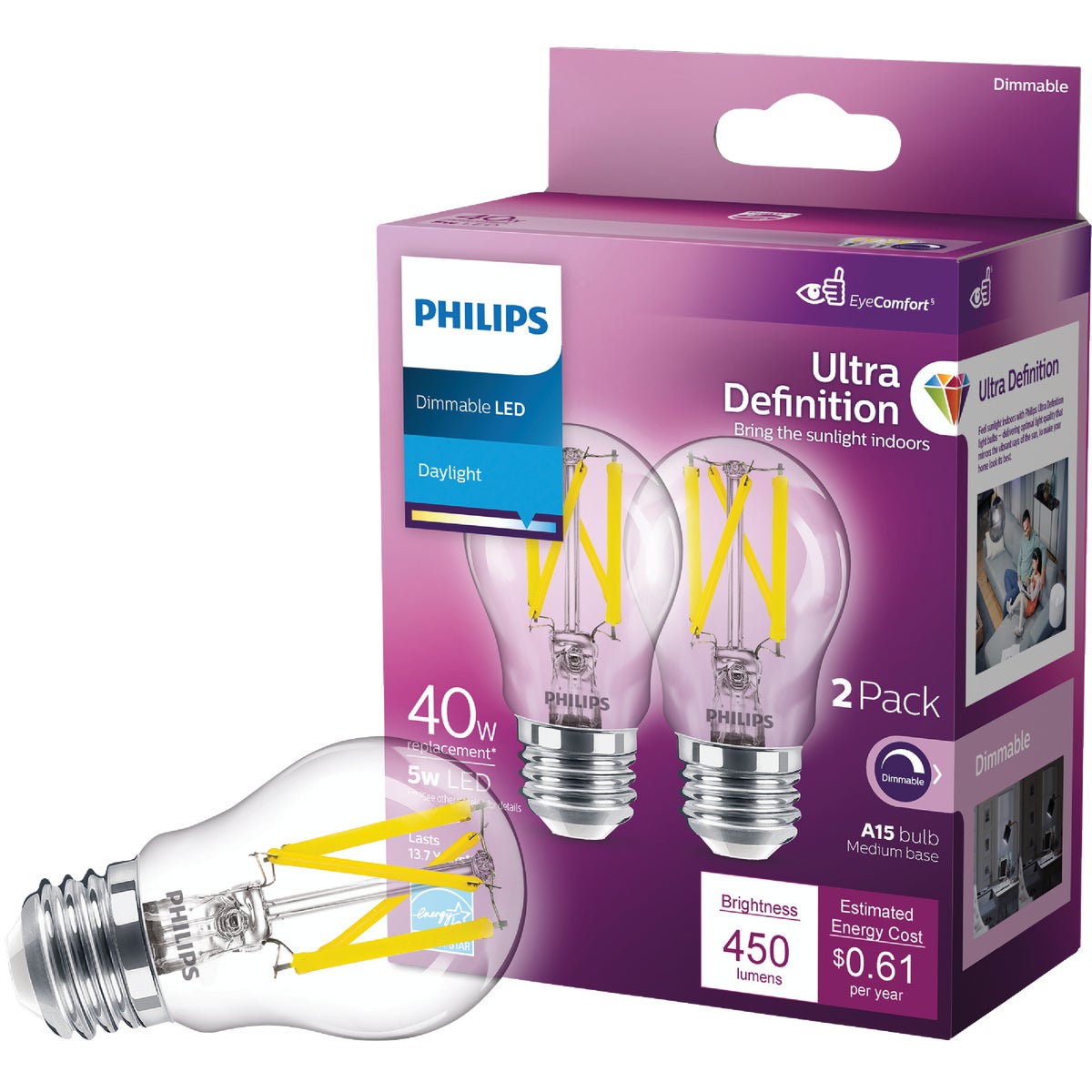 Philips Ultra Definition 40W Equivalent Daylight A15 Medium Dimmable LED Light Bulb (2-Pack)