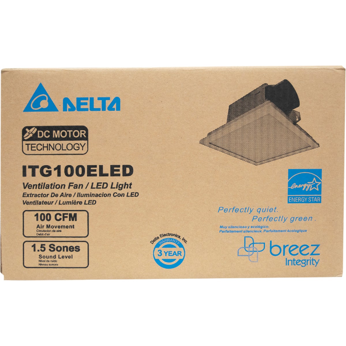 Delta BreezIntegrity 100CFM 1.5 Sones 120V Bath Exhaust Fan with Edge-Lit Dimmable LED Light