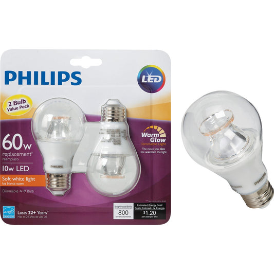 Philips Warm Glow 60W Equivalent Soft White A19 Medium Dimmable LED Light Bulb (2-Pack)