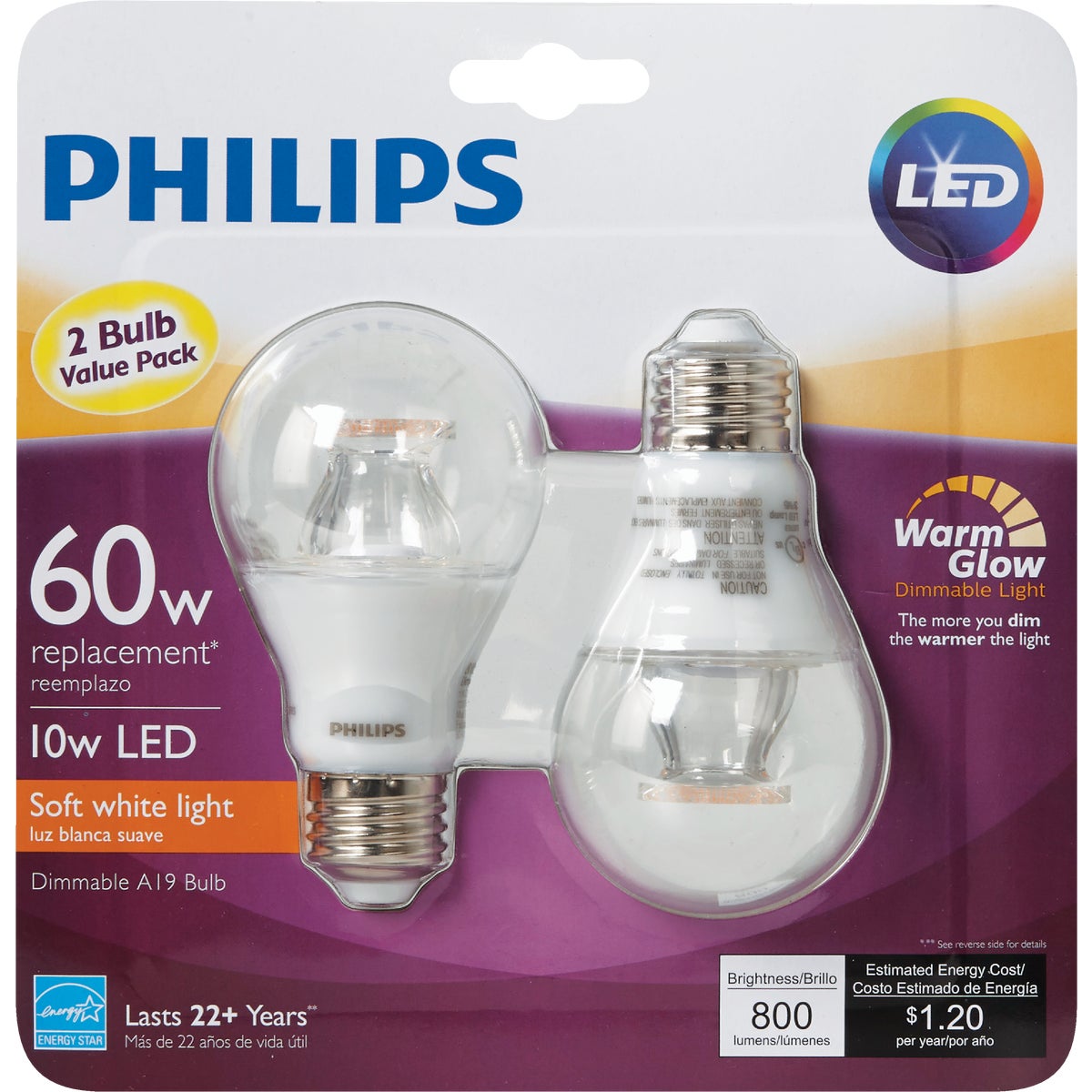 Philips Warm Glow 60W Equivalent Soft White A19 Medium Dimmable LED Light Bulb (2-Pack)